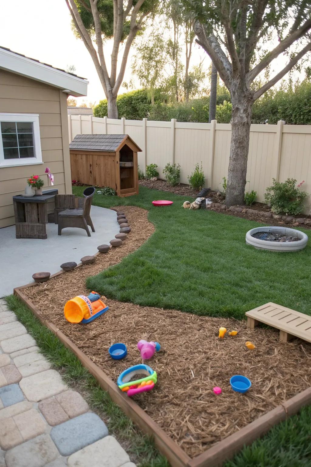 A welcoming pet-friendly area with mulch for comfort and easy maintenance.
