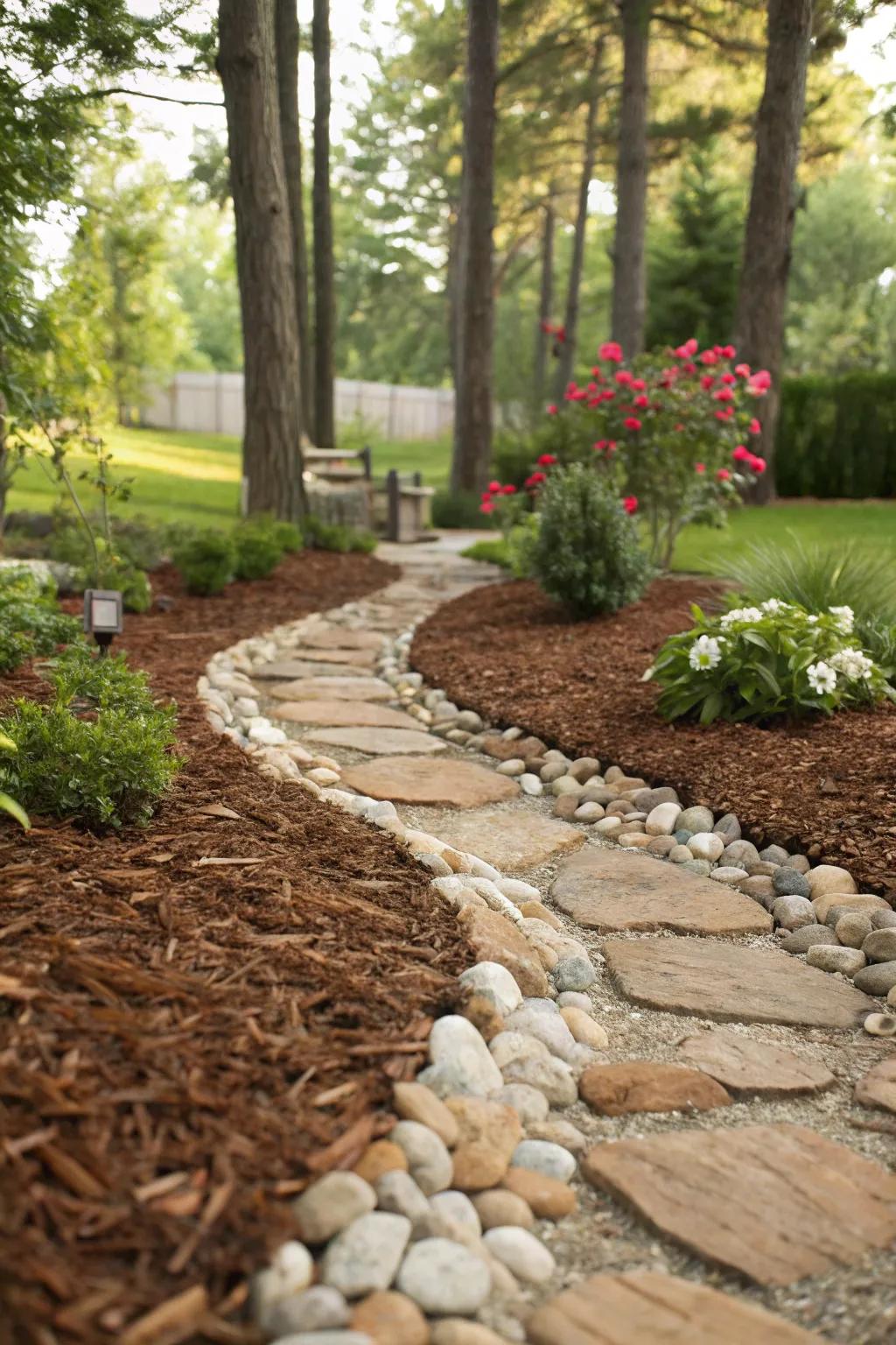 Sleek walkway design using contrasting mulch and stones.