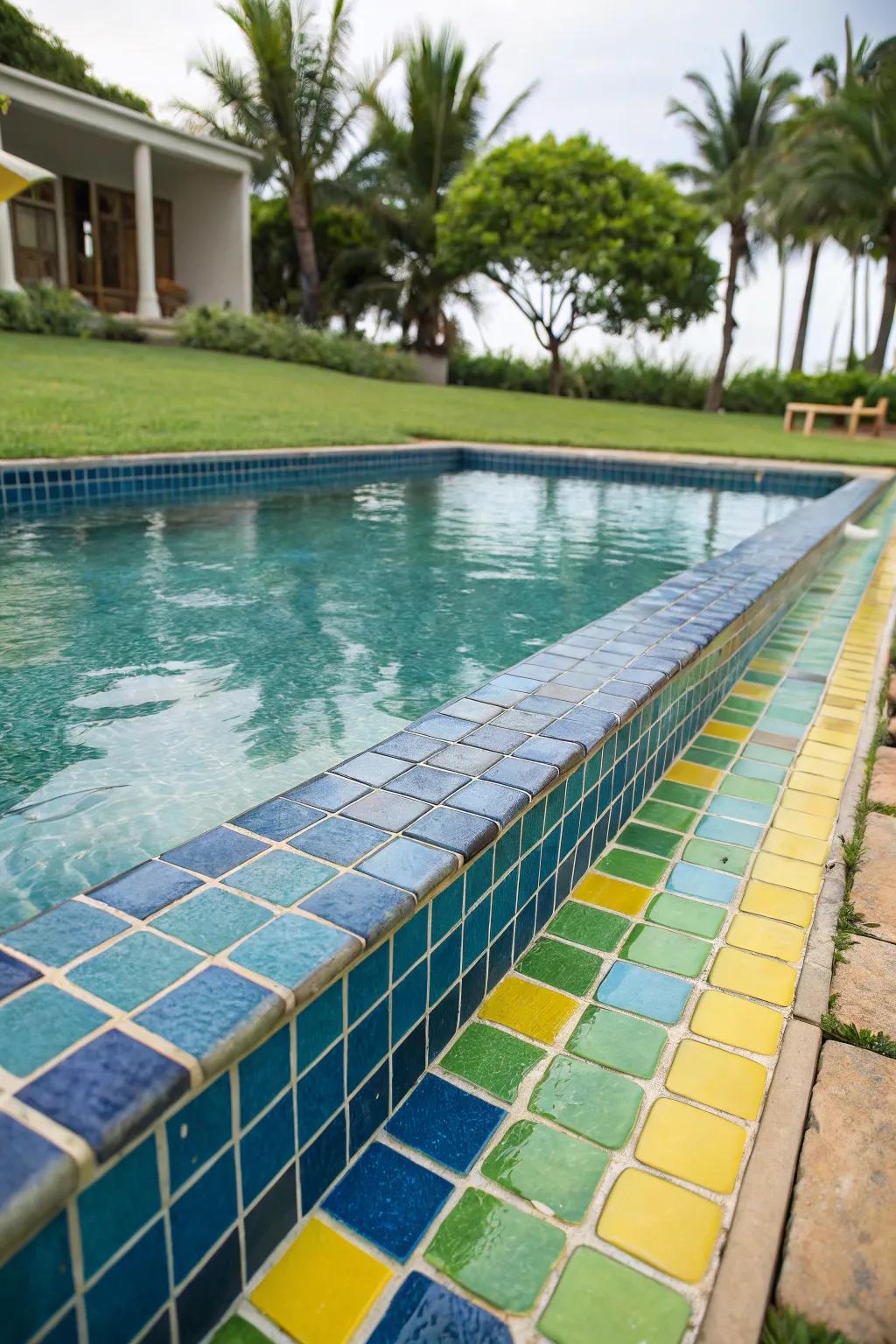Colorful tiles bring a stylish pop to the pool design.