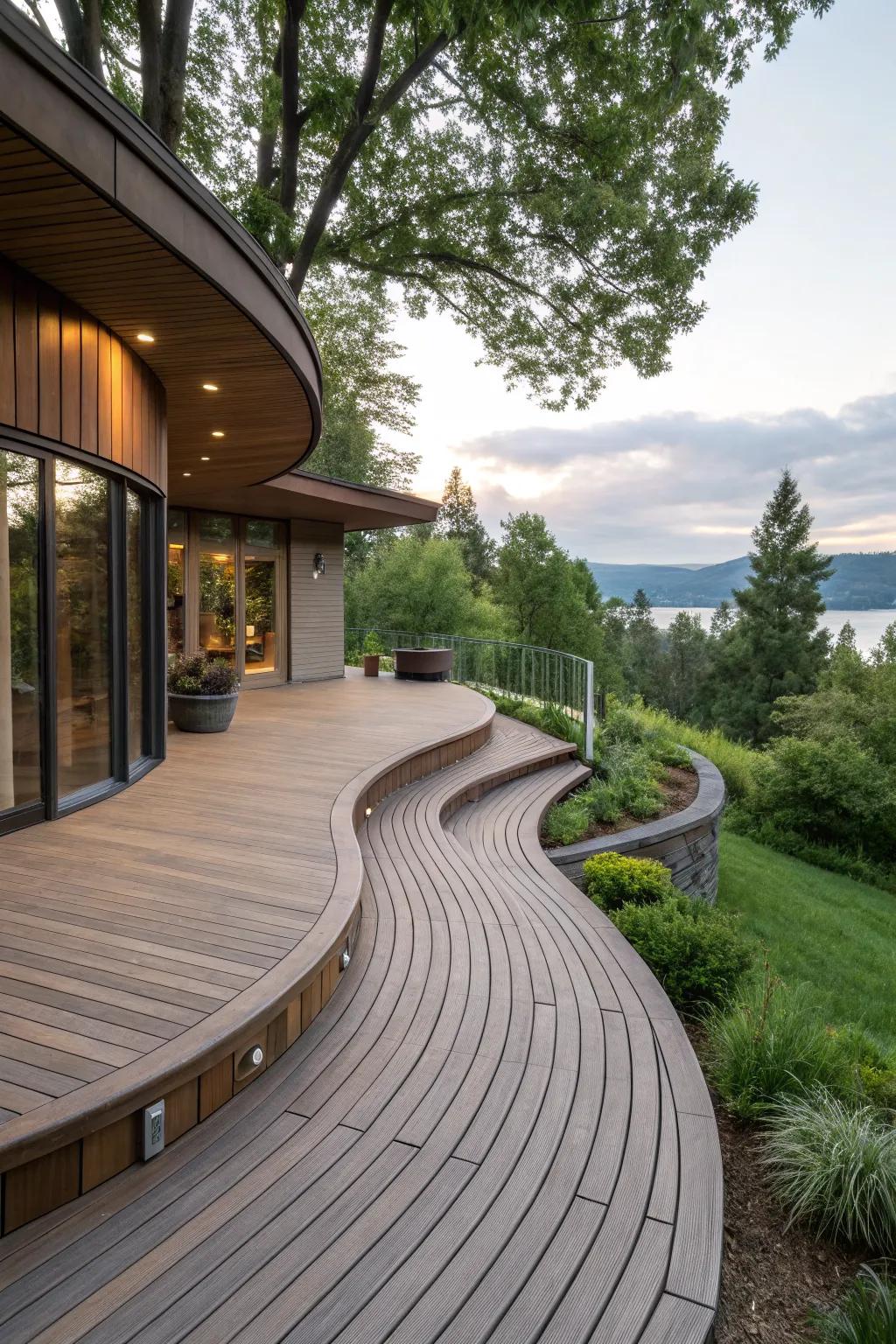 Dynamic curves create a flowing and unique multilevel deck design.
