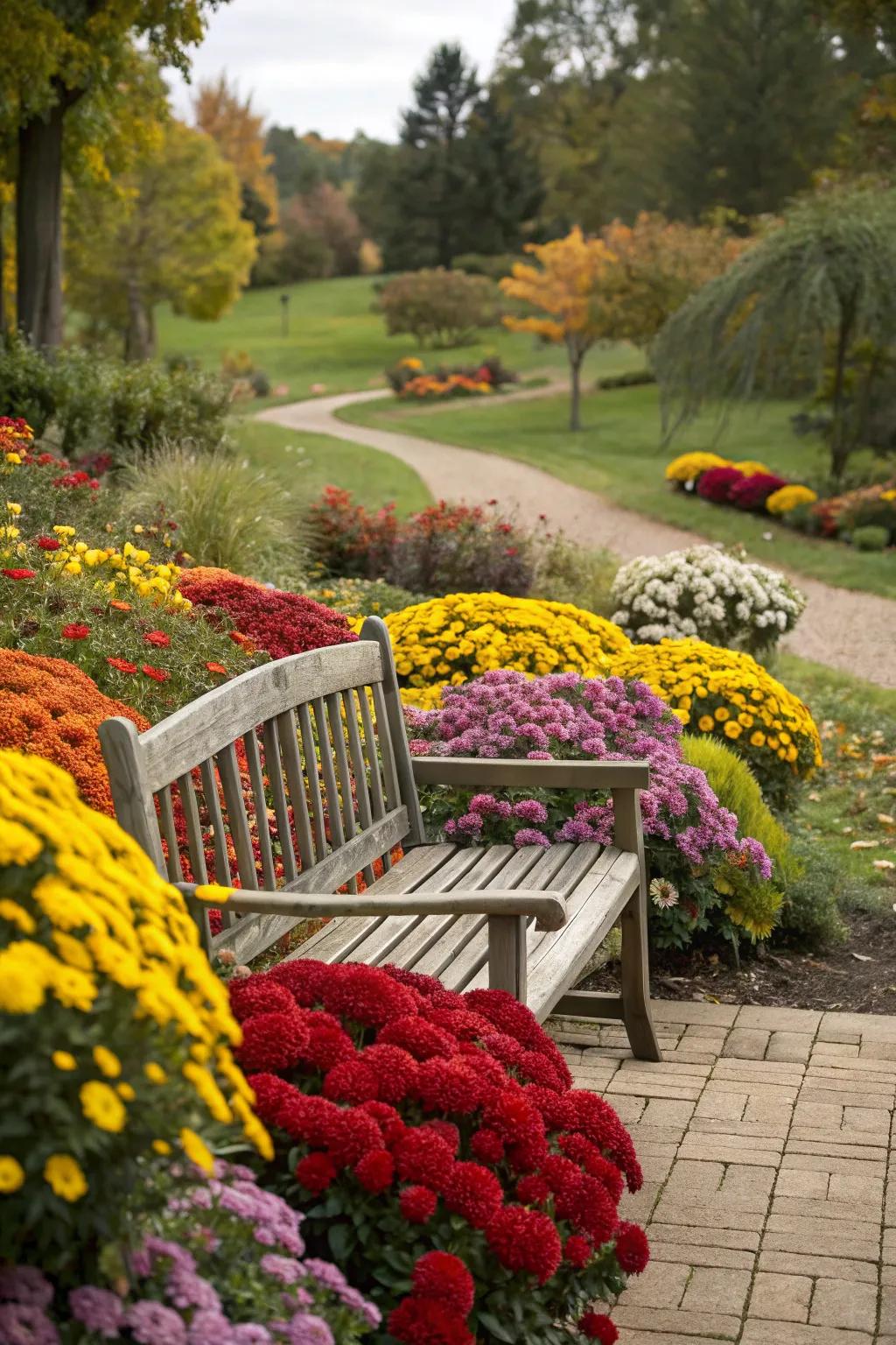 A cozy garden bench surrounded by vibrant mums.