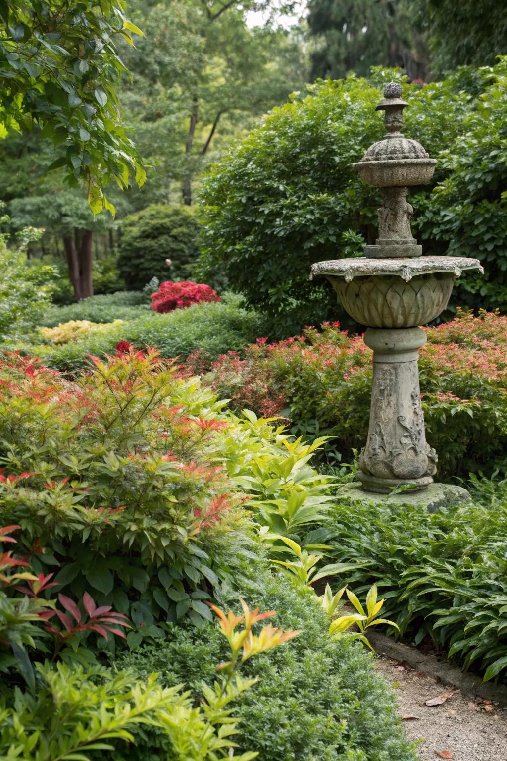 Nandina softens the base of garden sculptures, blending art with nature.