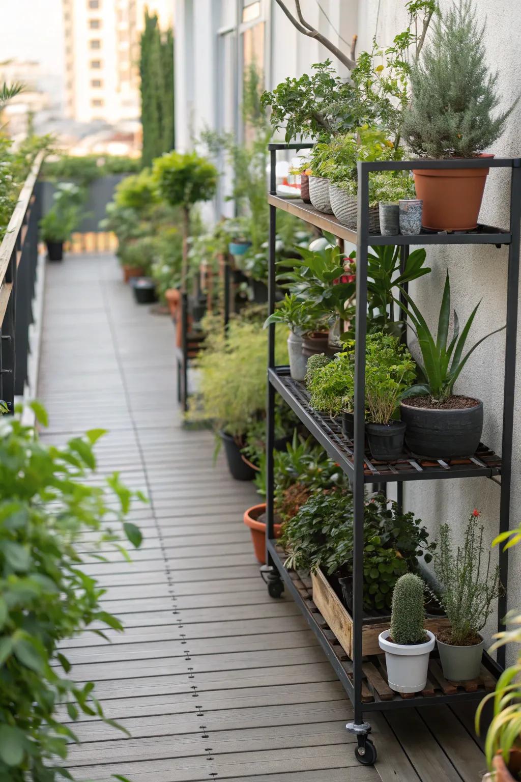 Portable plant stands allow for easy arrangement changes.