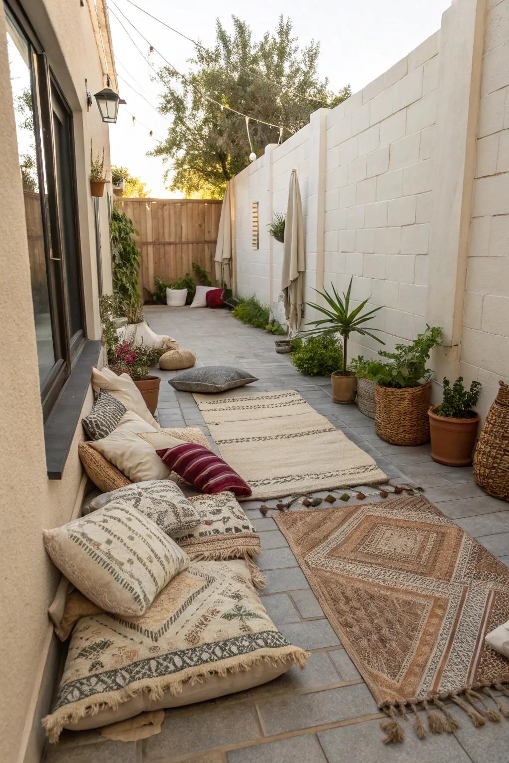 Layered textures on a narrow patio.
