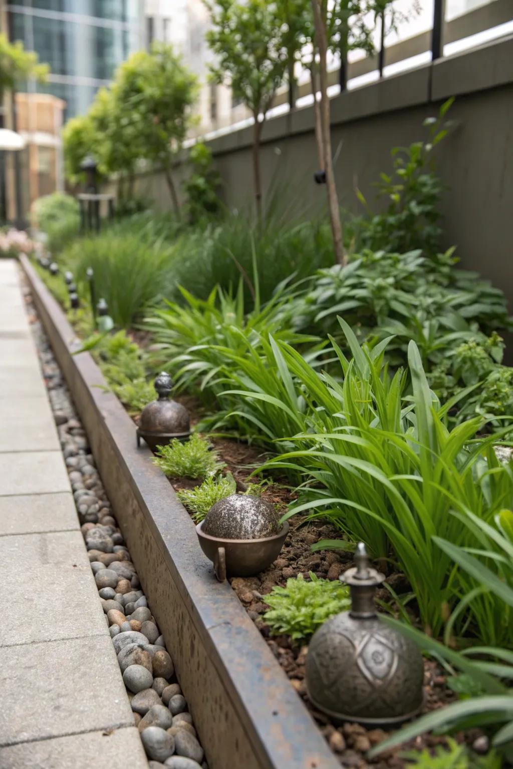 Artistic sculptures add a personal touch to this narrow planting strip.