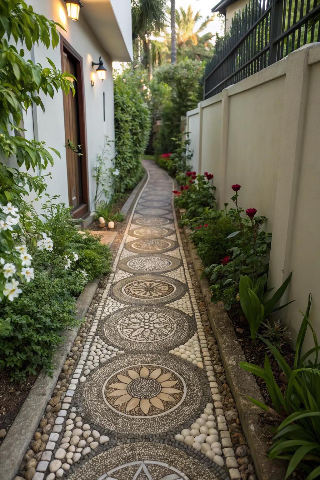 A narrow walkway featuring artistic patterns made with pebbles.