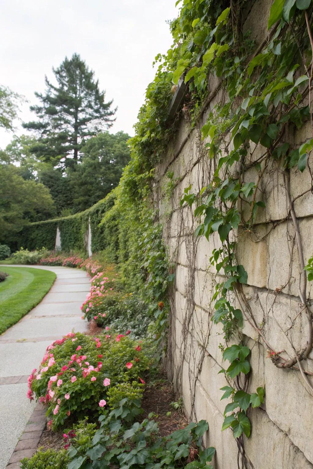 Climbing vines adding texture and greenery to garden walls.