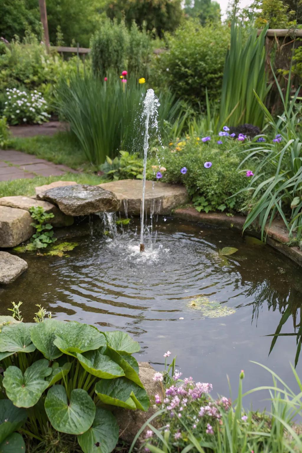 A playful DIY fountain adding character to a garden pond.