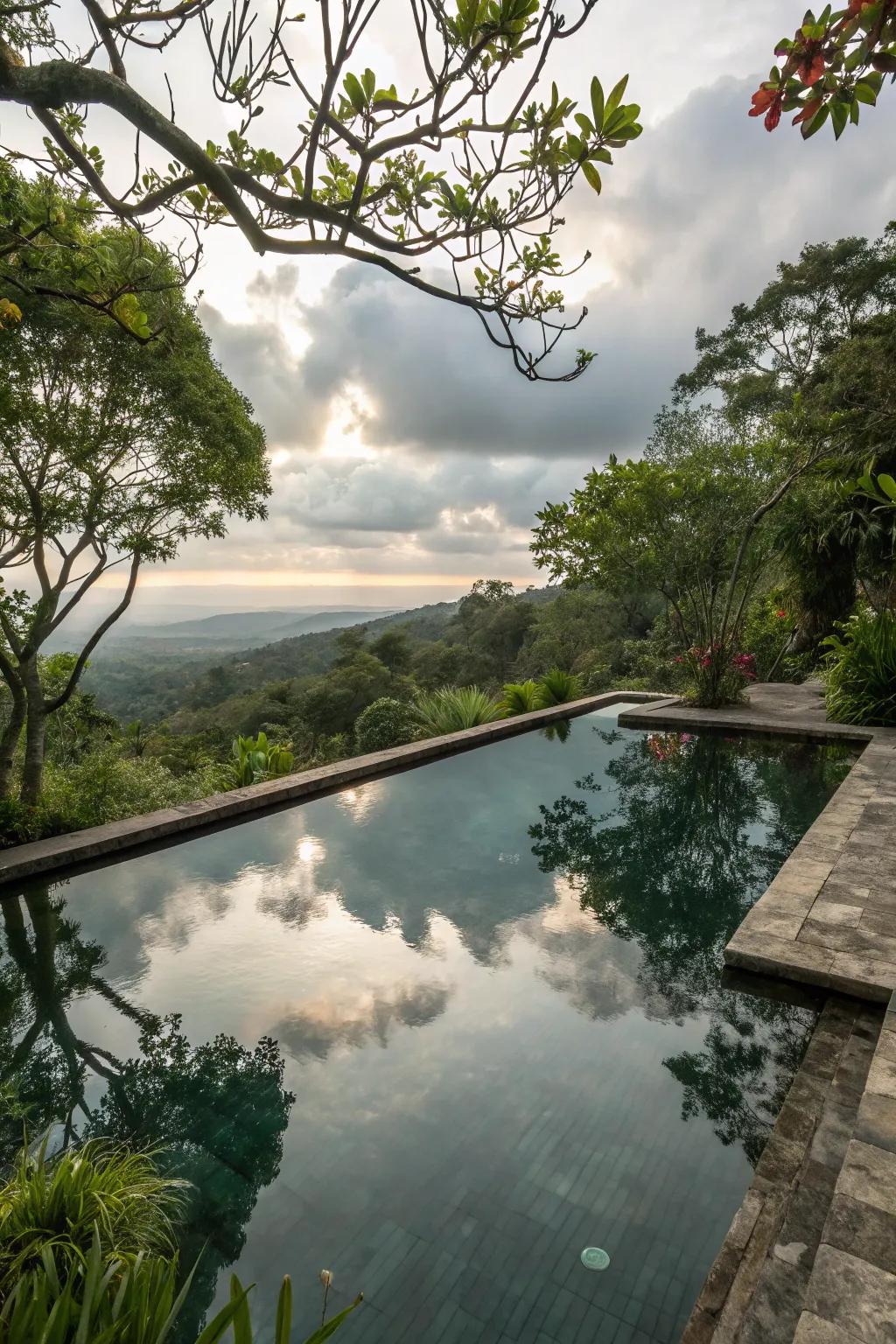 Reflective surfaces enhance the pool's beauty and create a serene atmosphere.