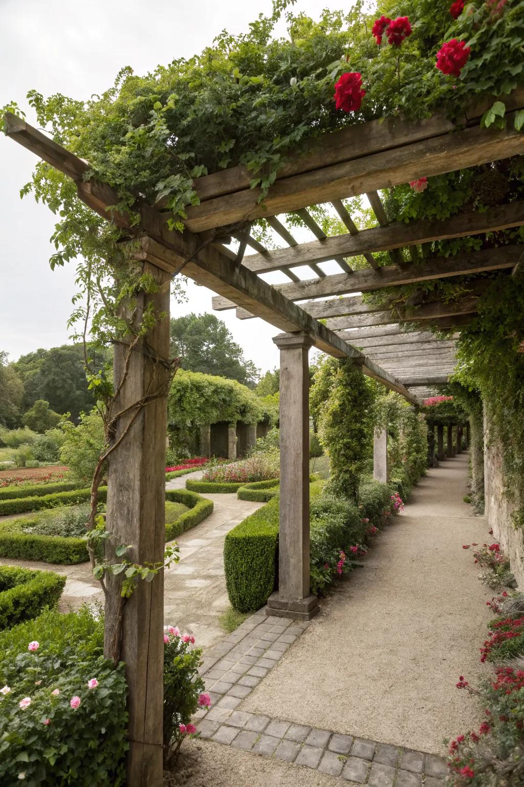 A rustic pergola draped in greenery creates an inviting garden entrance.