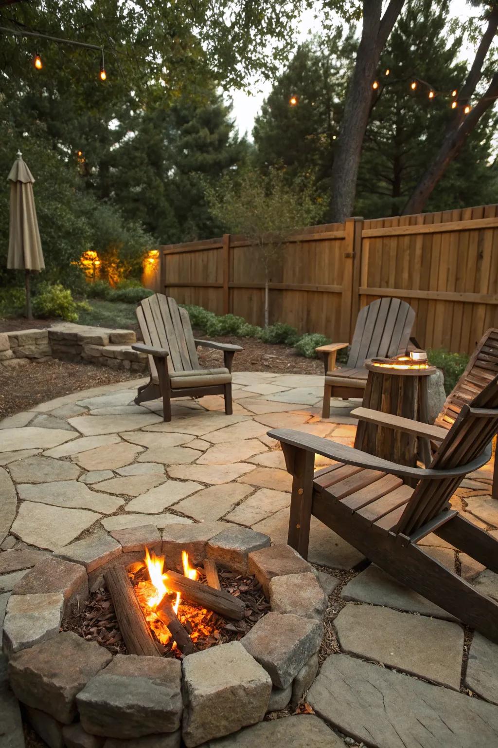 A rustic Adirondack-inspired patio with cozy charm.