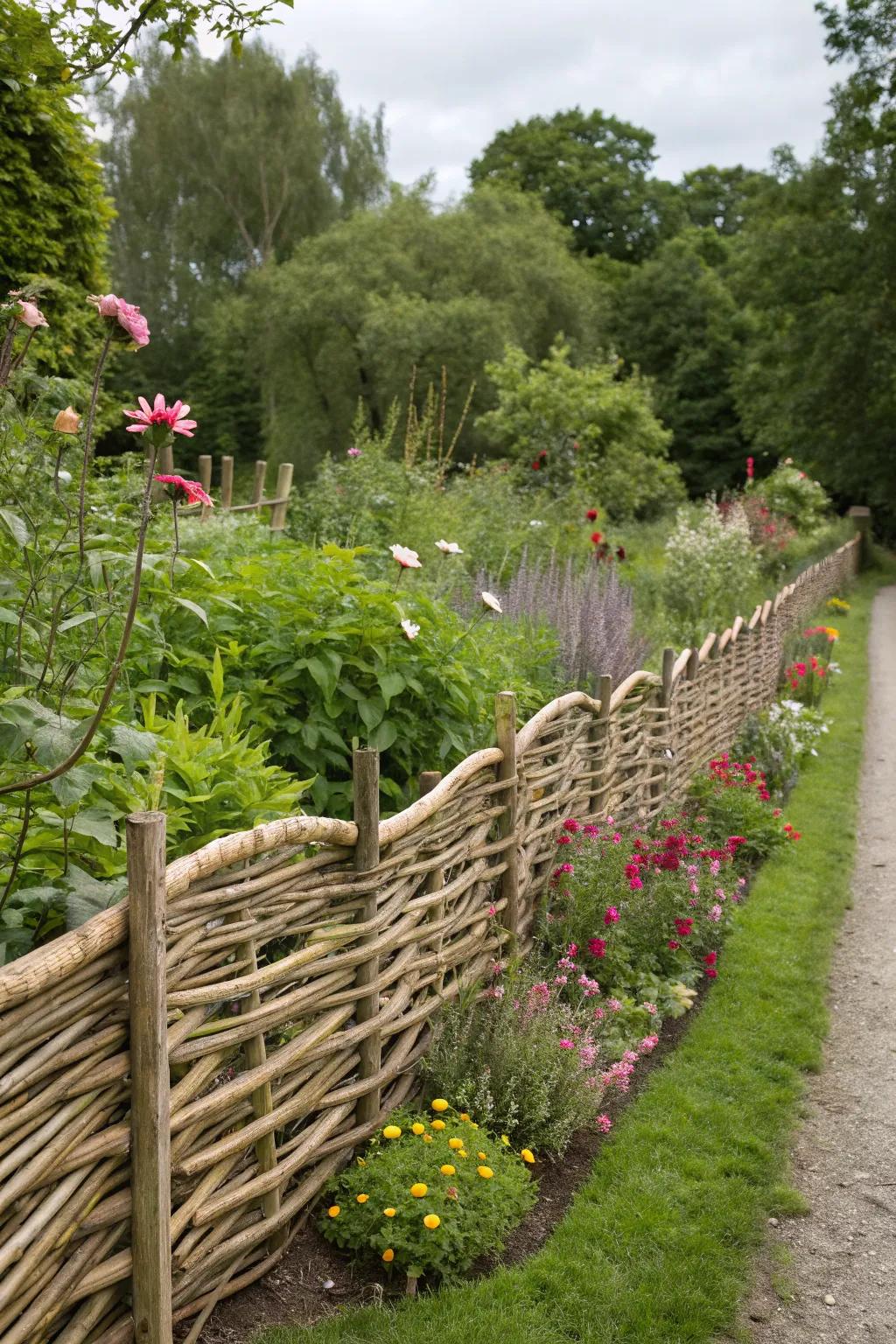 A whimsical woven willow fence adding fairy-tale charm to the garden.