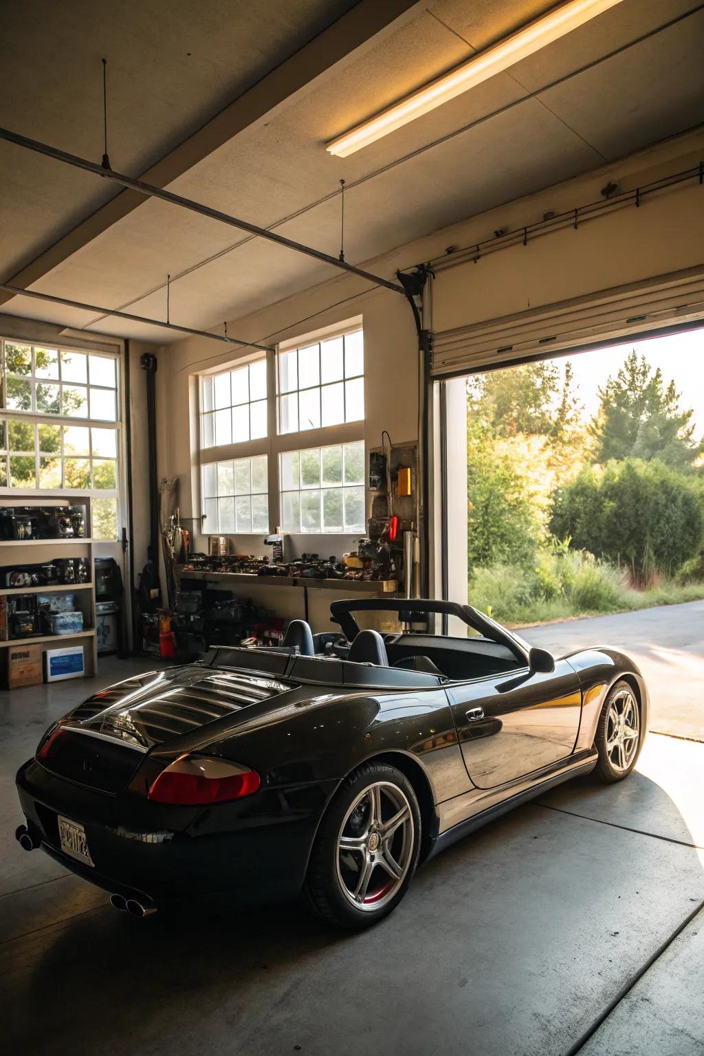 A garage that doubles as a sports enthusiast's playground.