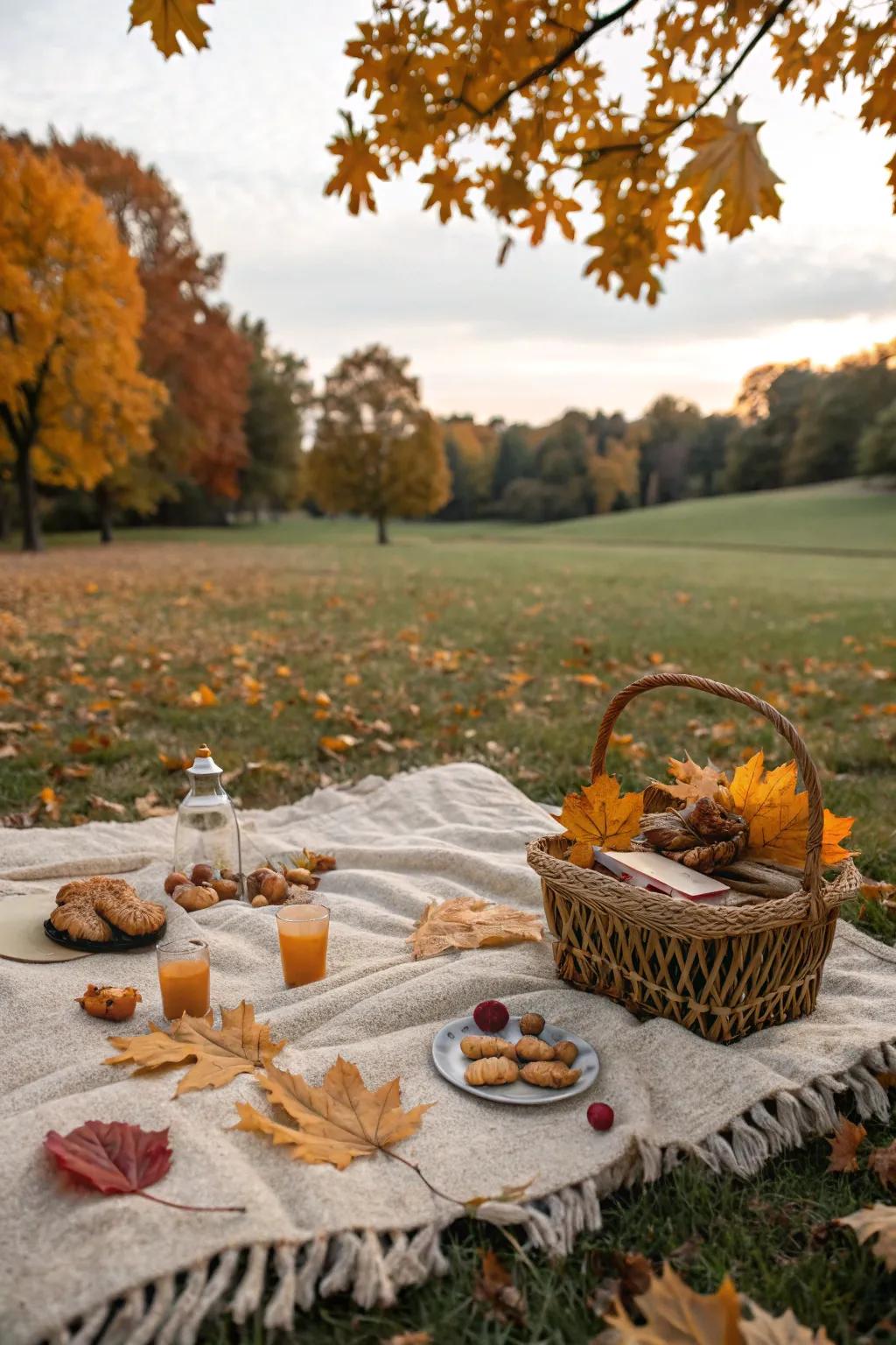 Seasonal elements adding a touch of nature to the picnic setting.