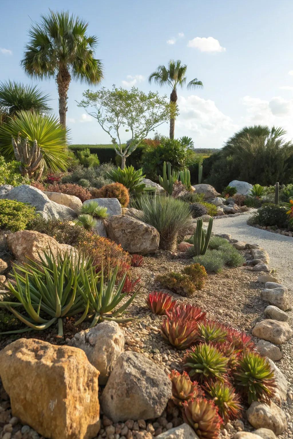 A rock garden with succulents offers a unique, low-maintenance landscape feature.