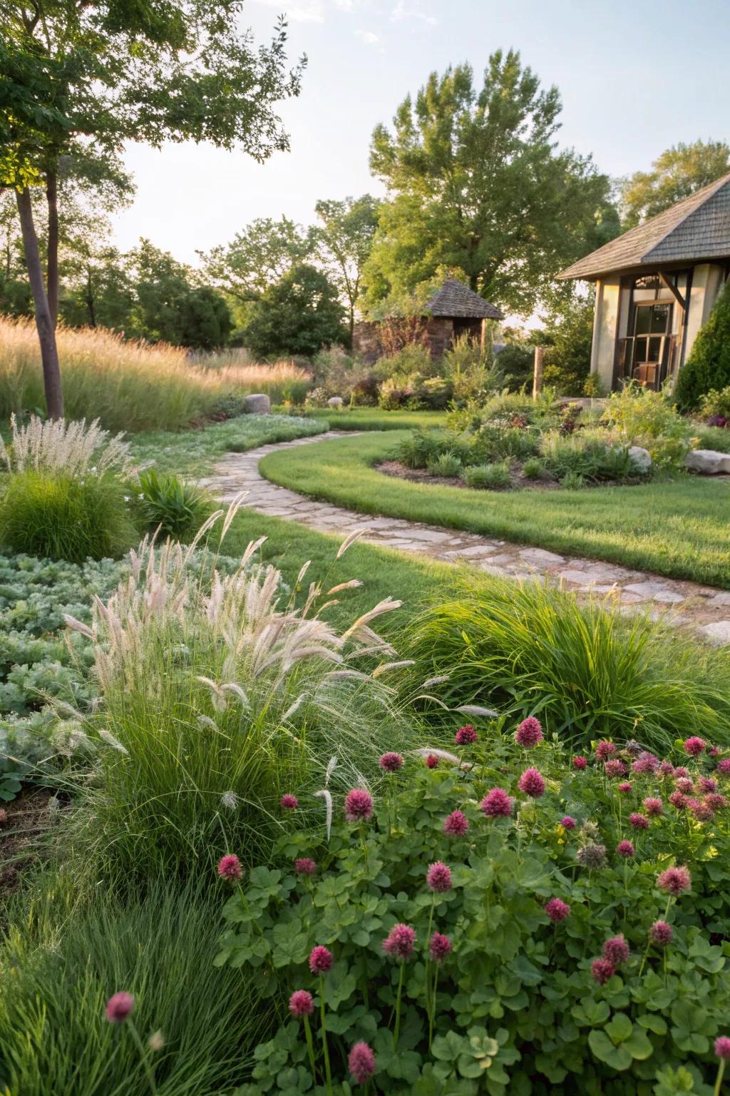 Eco-friendly lawn alternatives like clover can reduce maintenance.