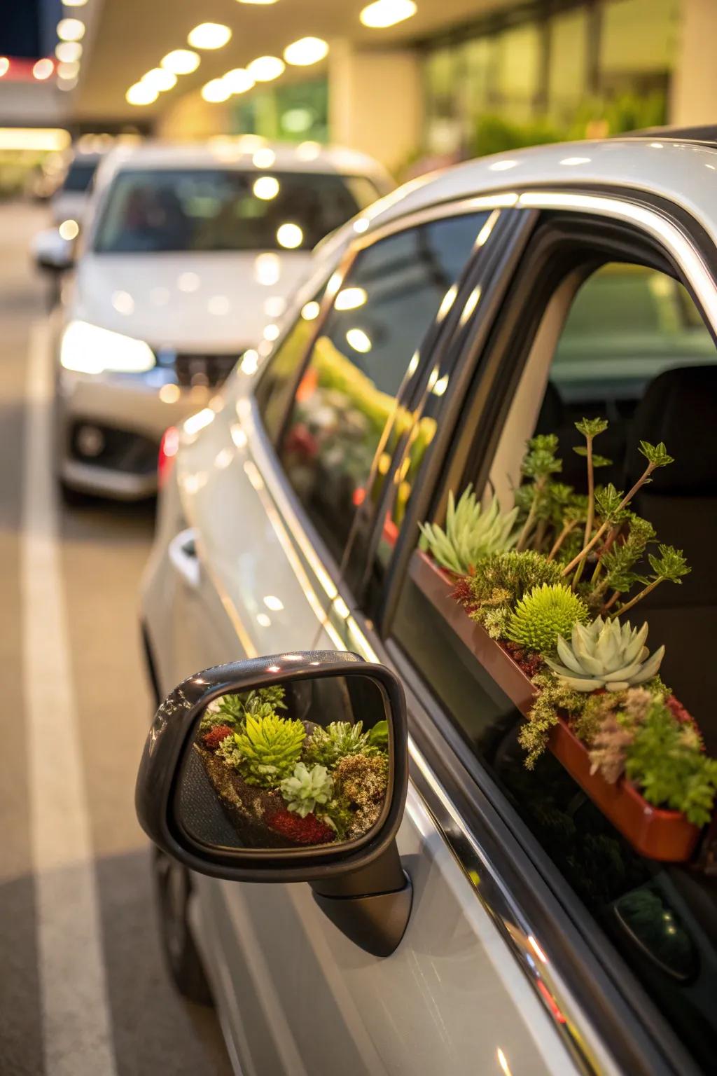 Side mirrors cleverly repurposed as succulent holders.