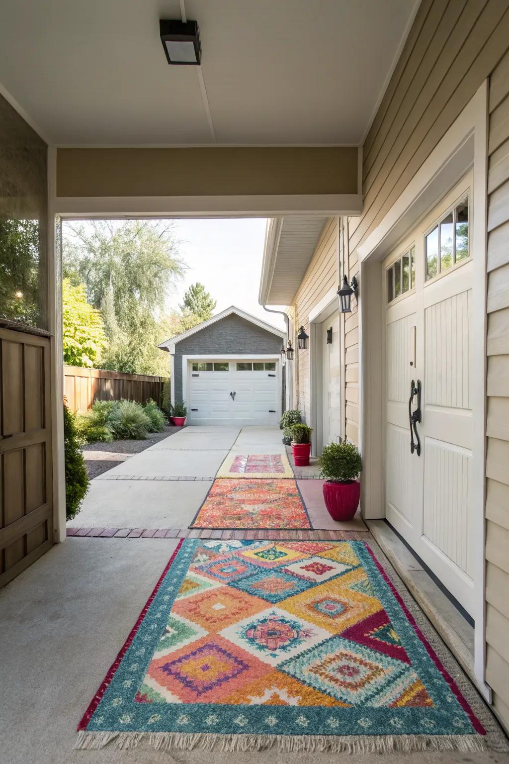 Outdoor rugs introduce color and warmth to breezeways.