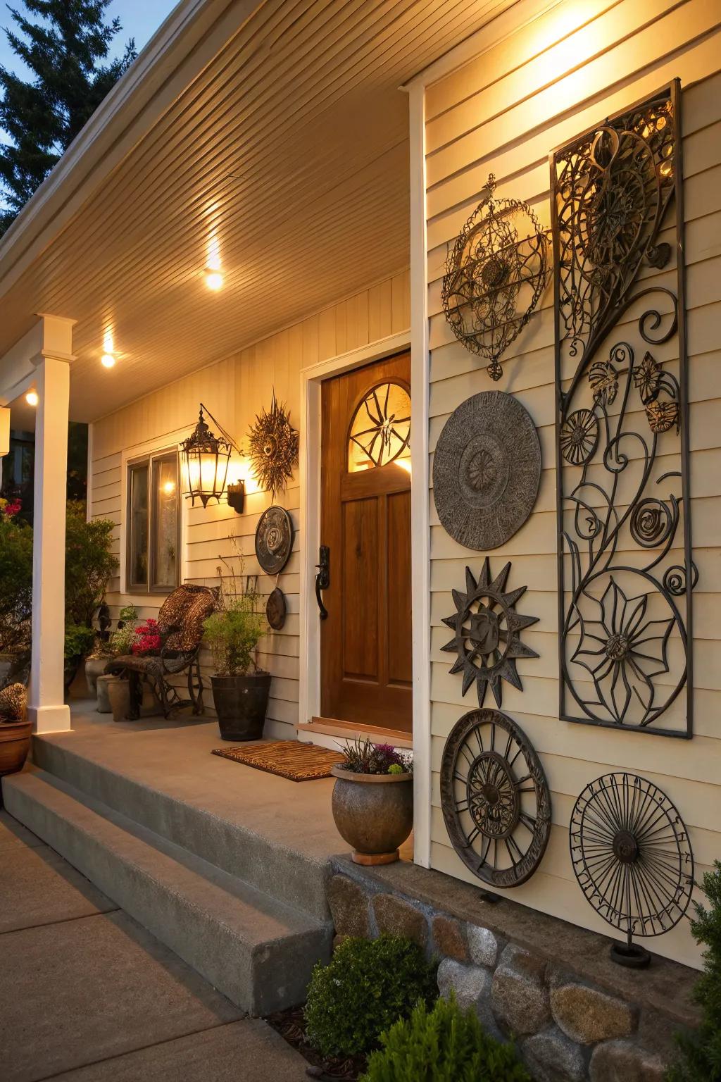 Artistic wall decor adds visual interest to the porch.