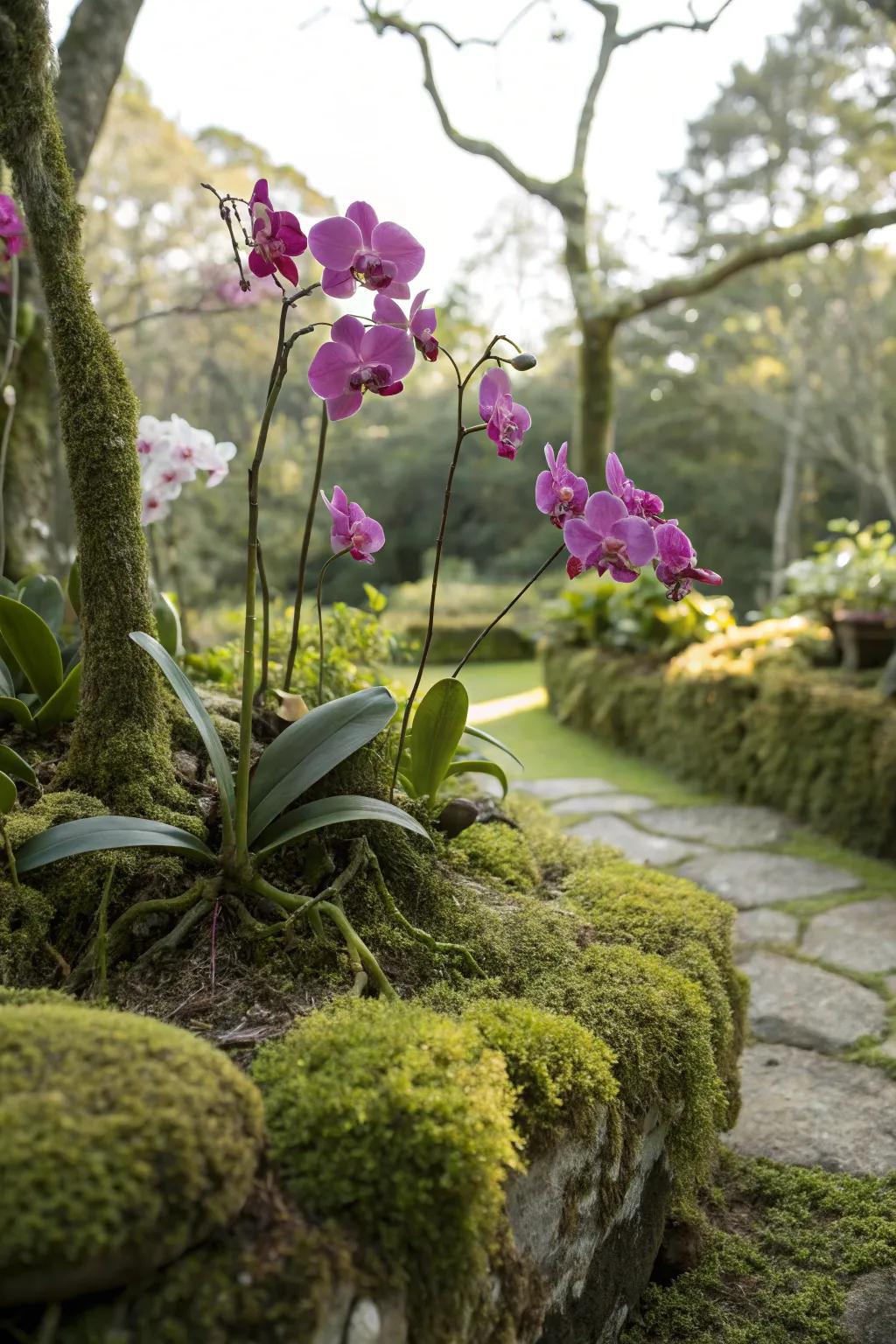 A fusion of orchids and moss creates a lush, green display.