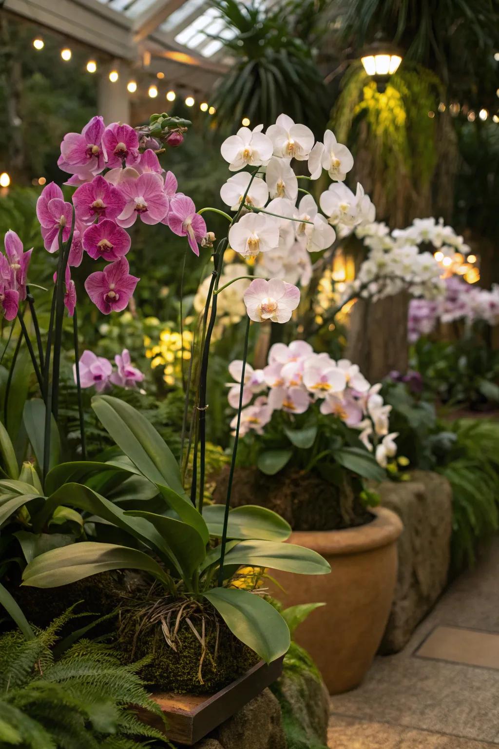 Artistic displays transforming orchids into garden art.