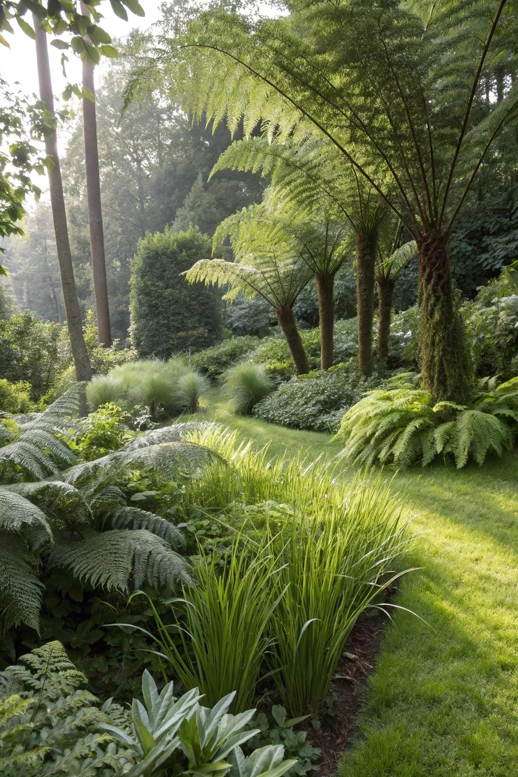 A textured garden scene with ostrich ferns and Japanese Forest Grass.
