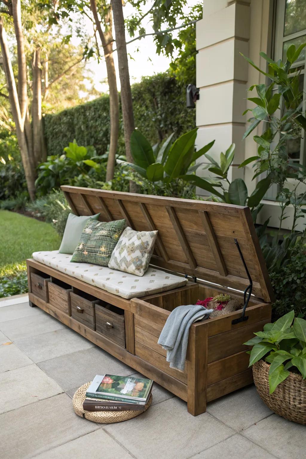 Hidden storage keeps outdoor spaces tidy and organized.