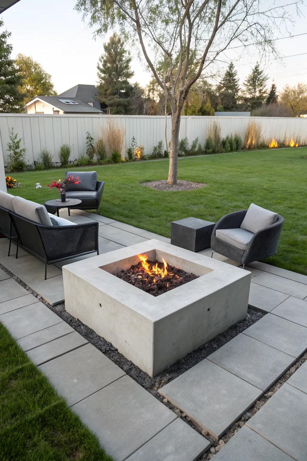 A concrete fire pit offering a sleek, modern design.