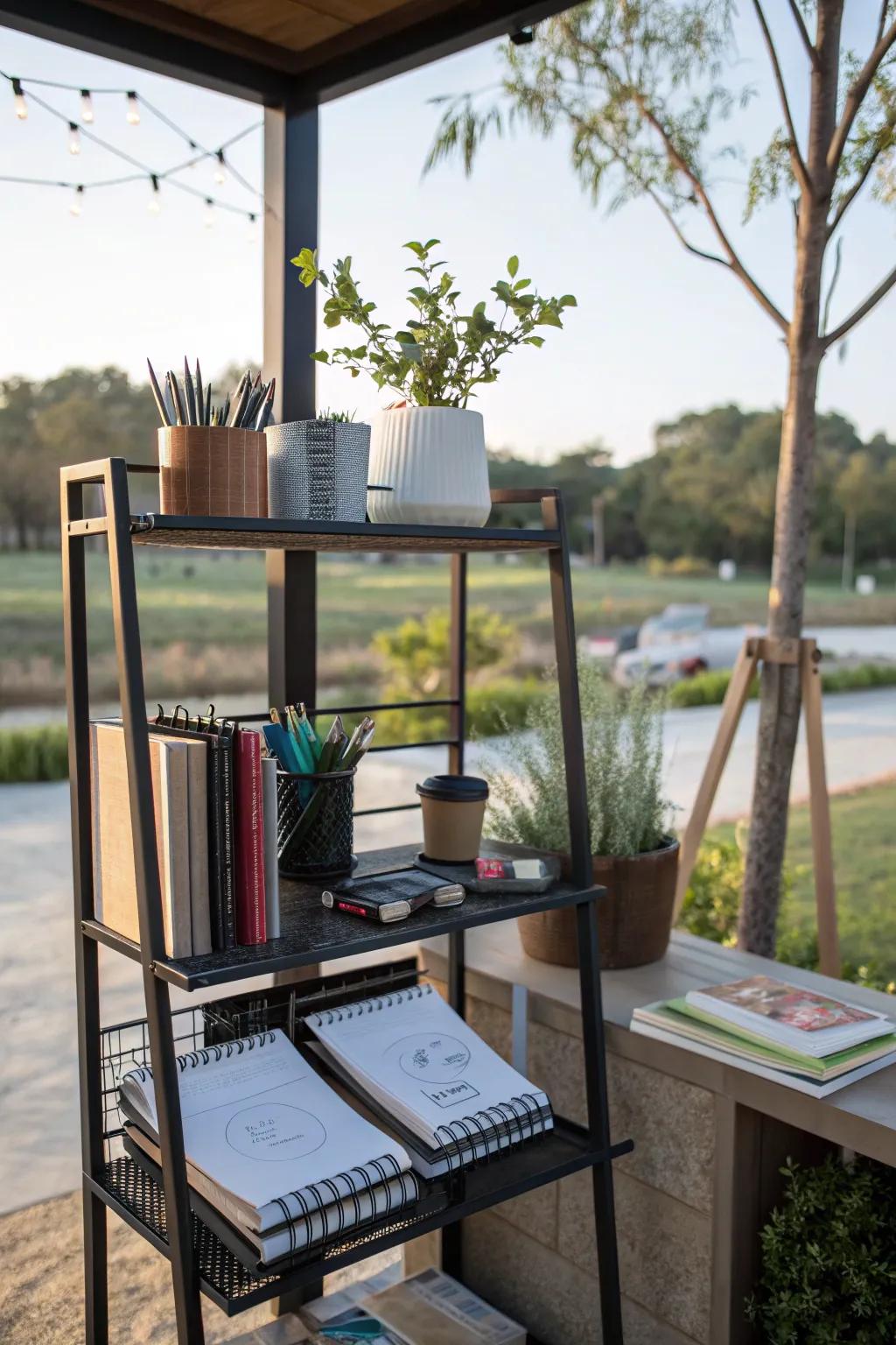 A serene outdoor office on a baker's rack, ideal for working amidst nature.