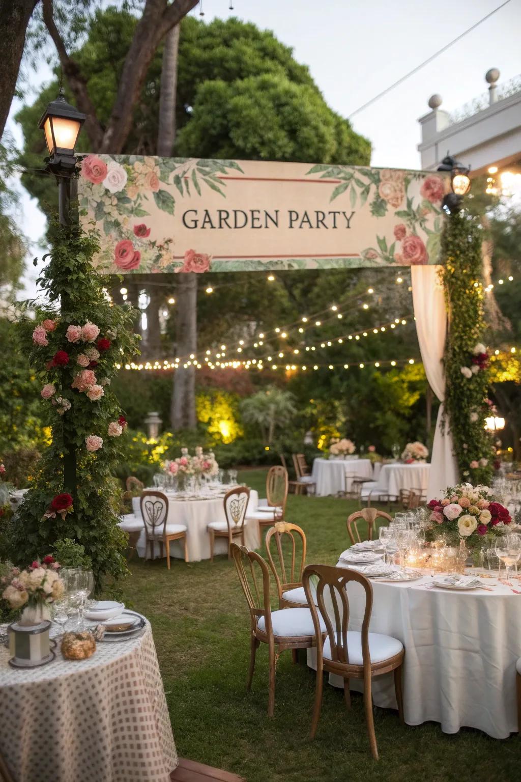 Unify your decor with a thematic garden party banner.