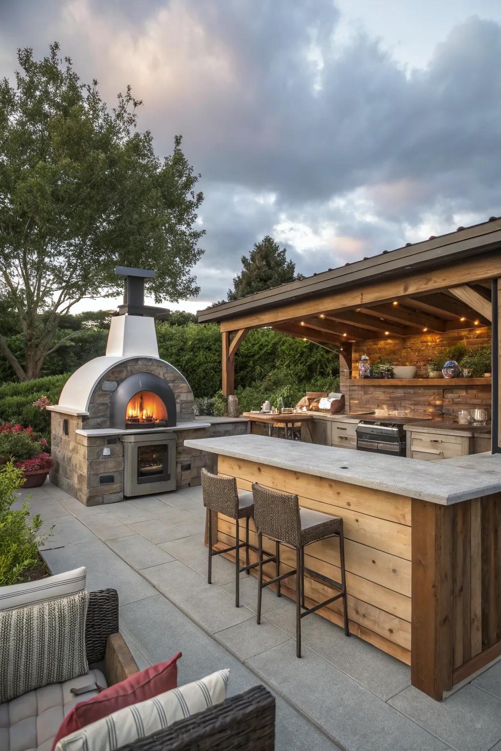 A pizza oven adds culinary delight to the outdoor bar.