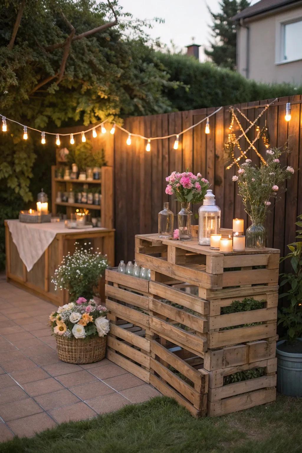 A DIY crate bar is budget-friendly and full of rustic charm.