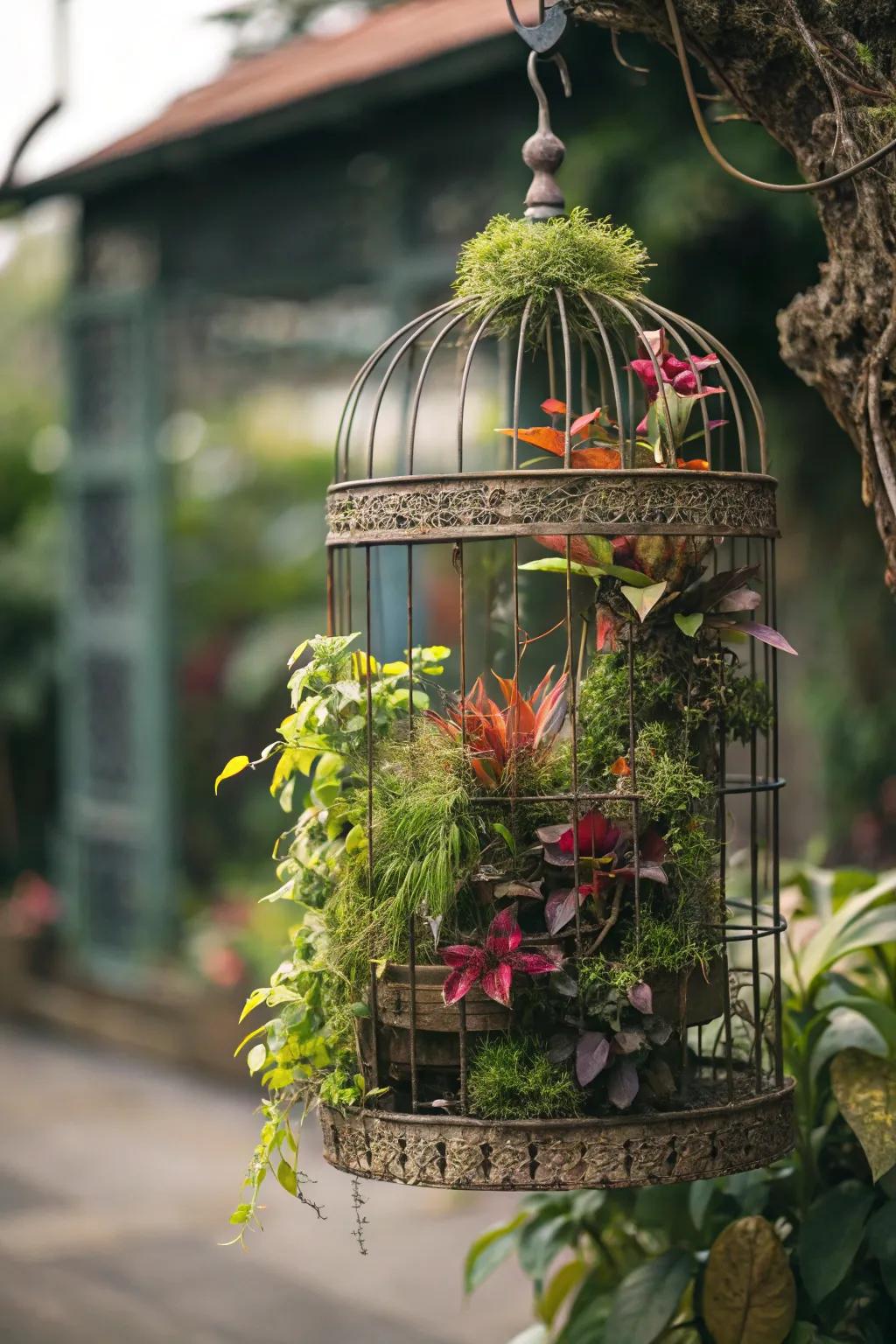 A vertical garden bird cage is a feast for the eyes.