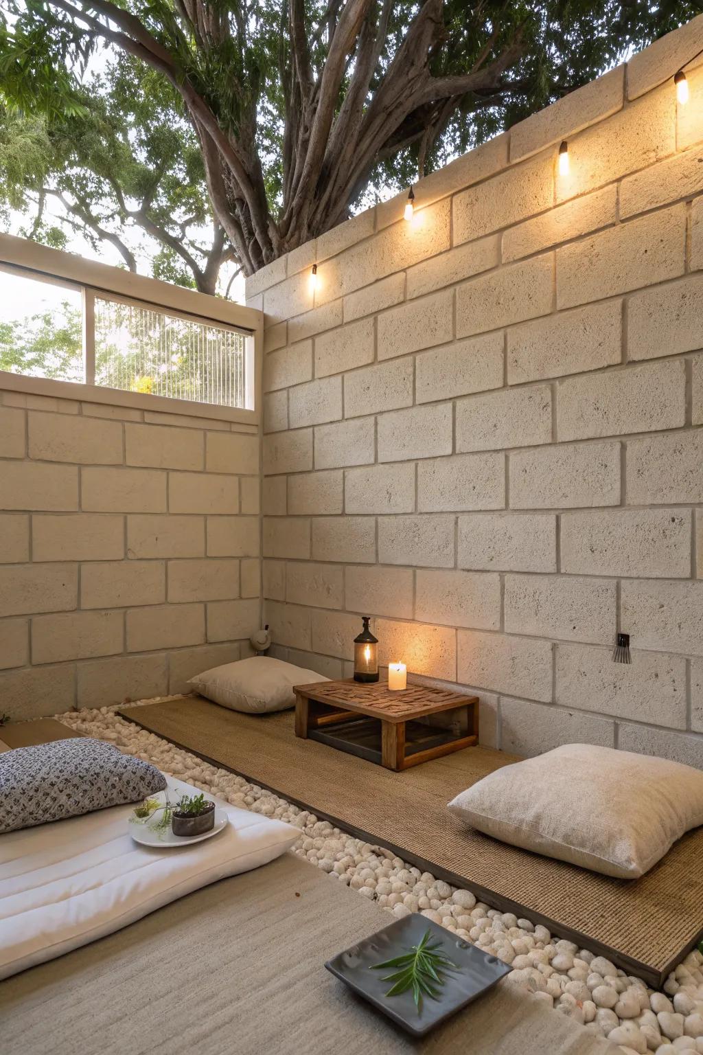 A peaceful meditation corner with a breeze block design