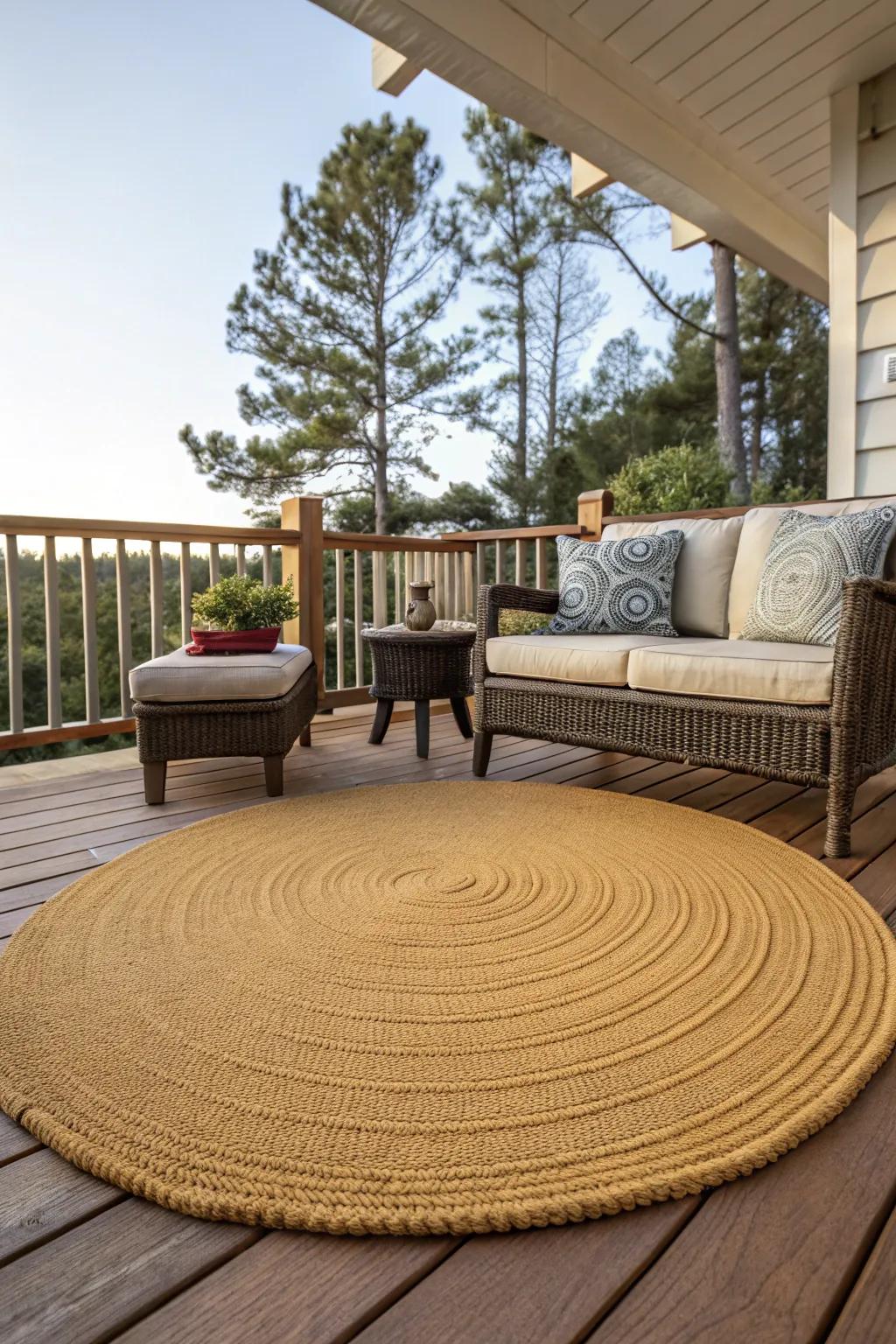 Round rugs soften deck lines and create inviting nooks.