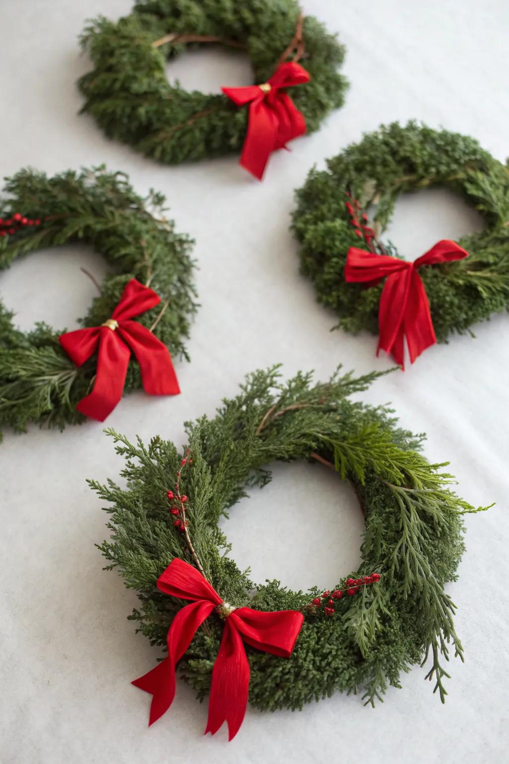 Adorable mini wreaths perfect for gifts and decorations.