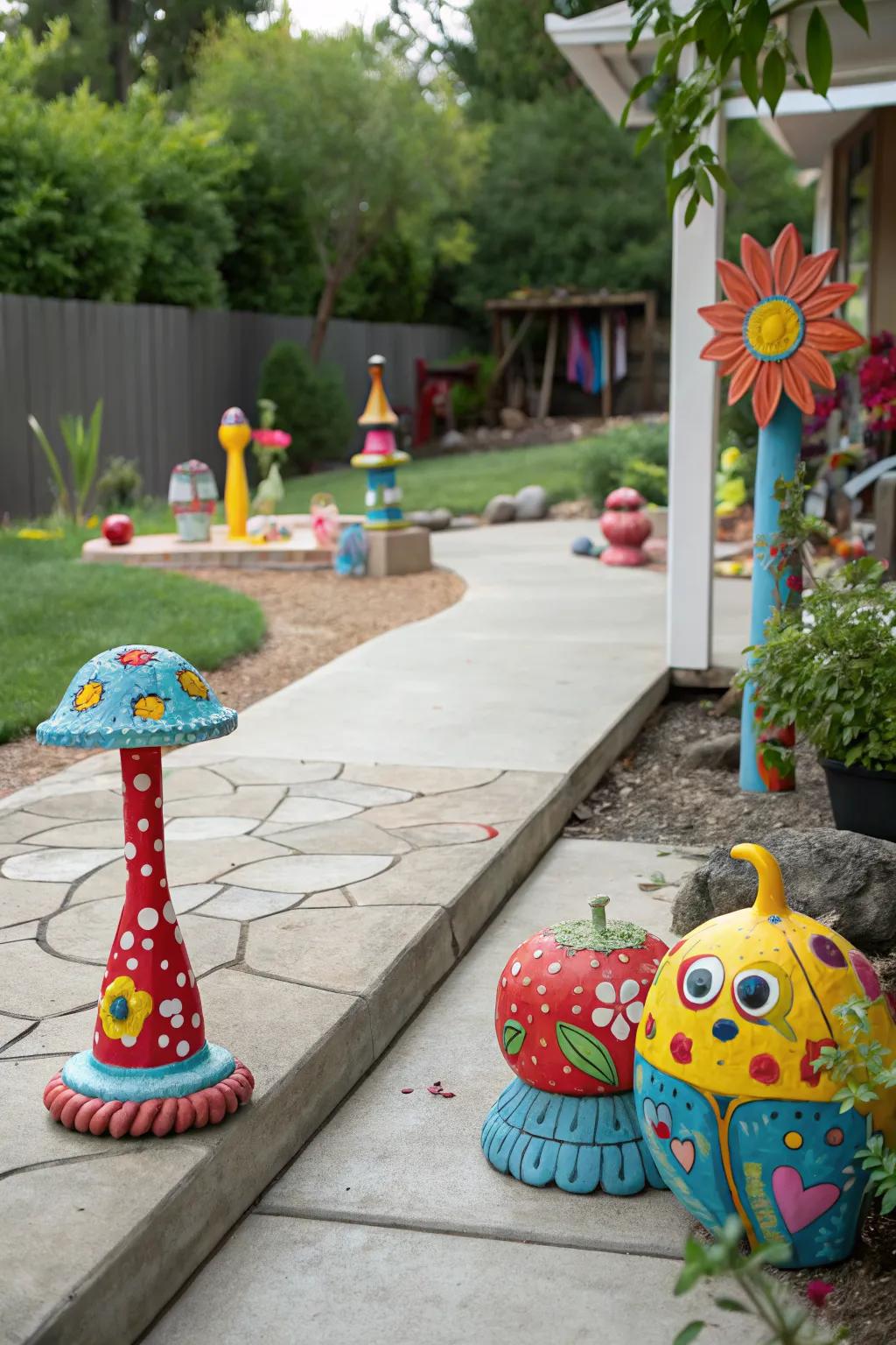 Art installations adding whimsy to the patio.