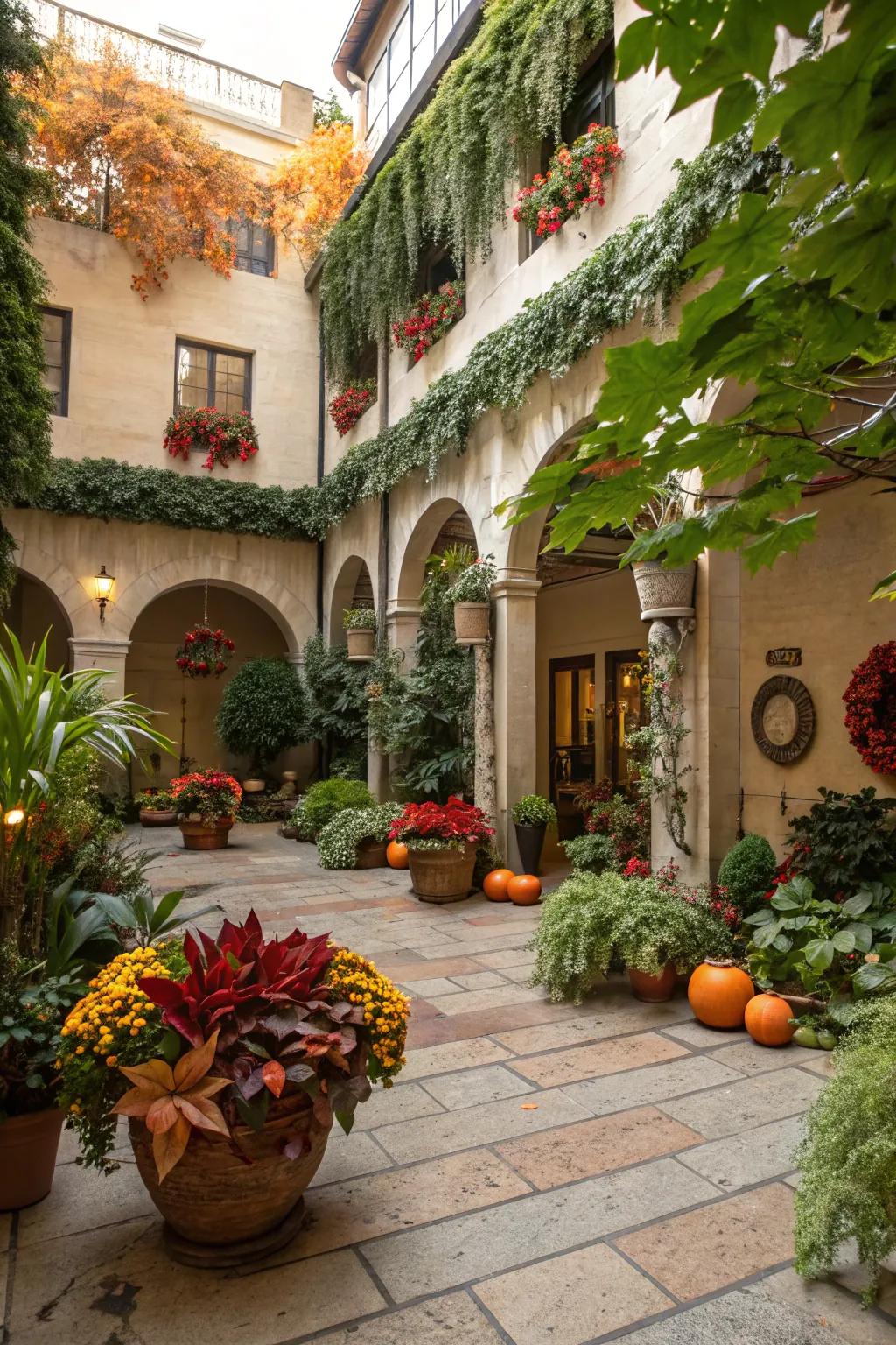 Seasonal decor keeps the courtyard fresh and inviting.