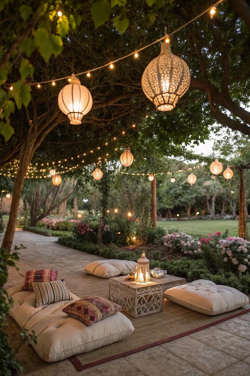 Cushions and lanterns create a romantic atmosphere for your outdoor space.
