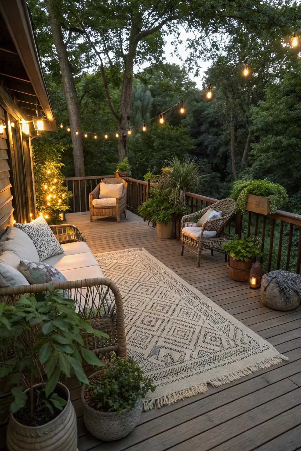 Outdoor carpet adds warmth and comfort, perfect for lounging.