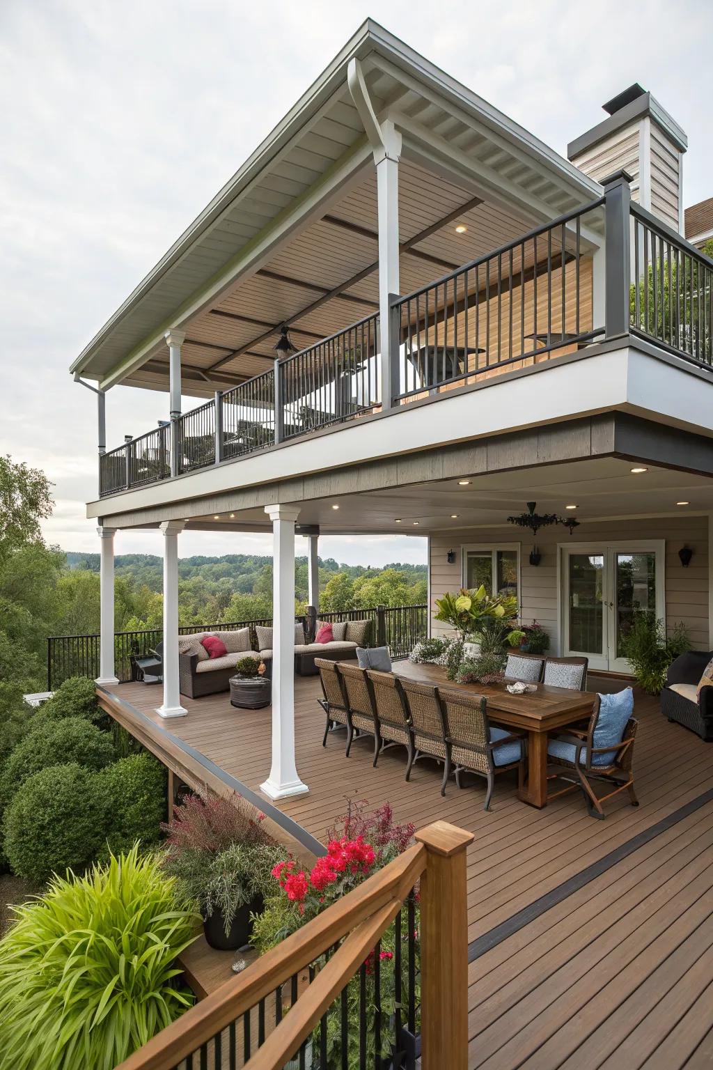 A multi-level deck with a roof for versatile outdoor living.