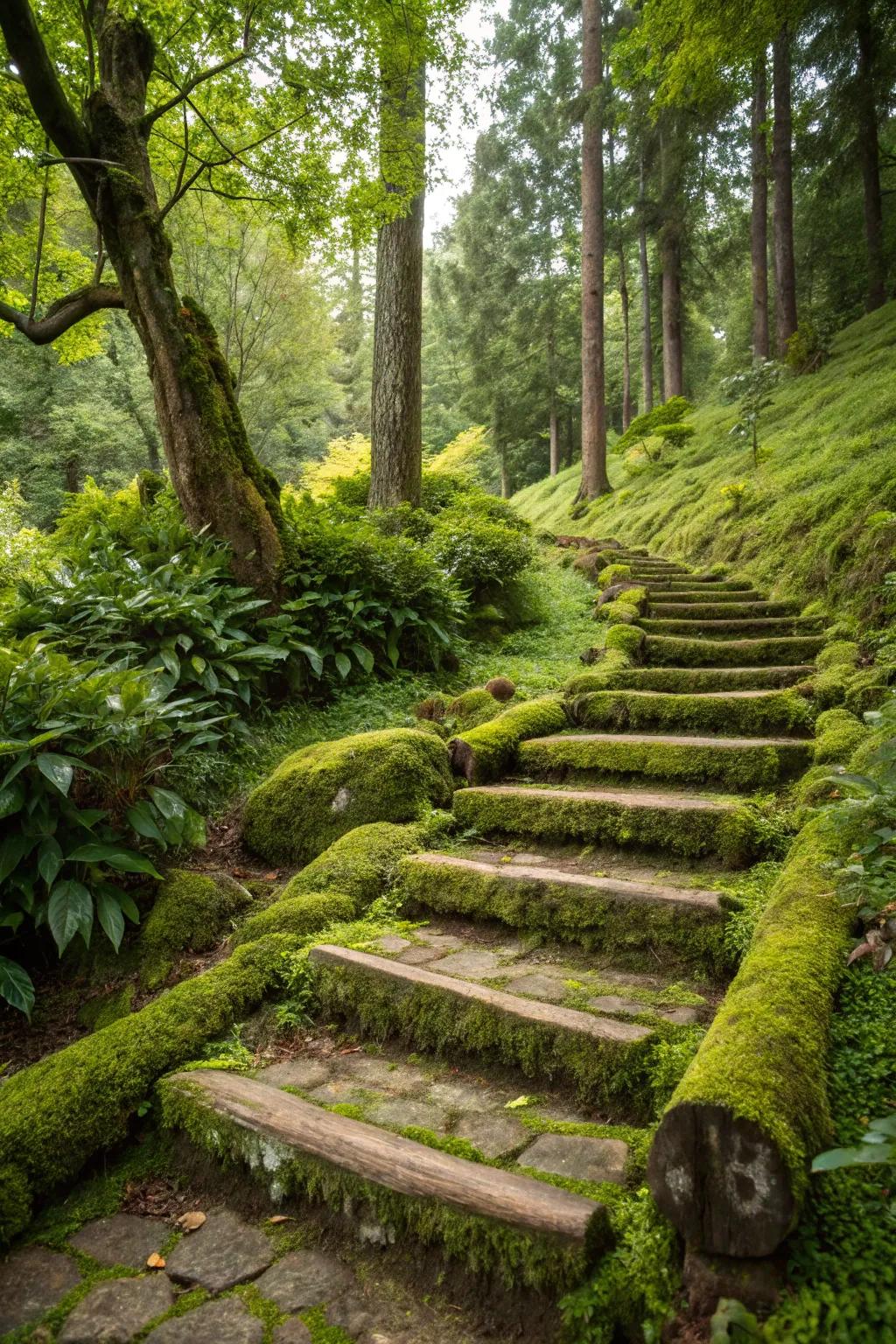 Mossy logs as steps add a fairytale charm to gardens.