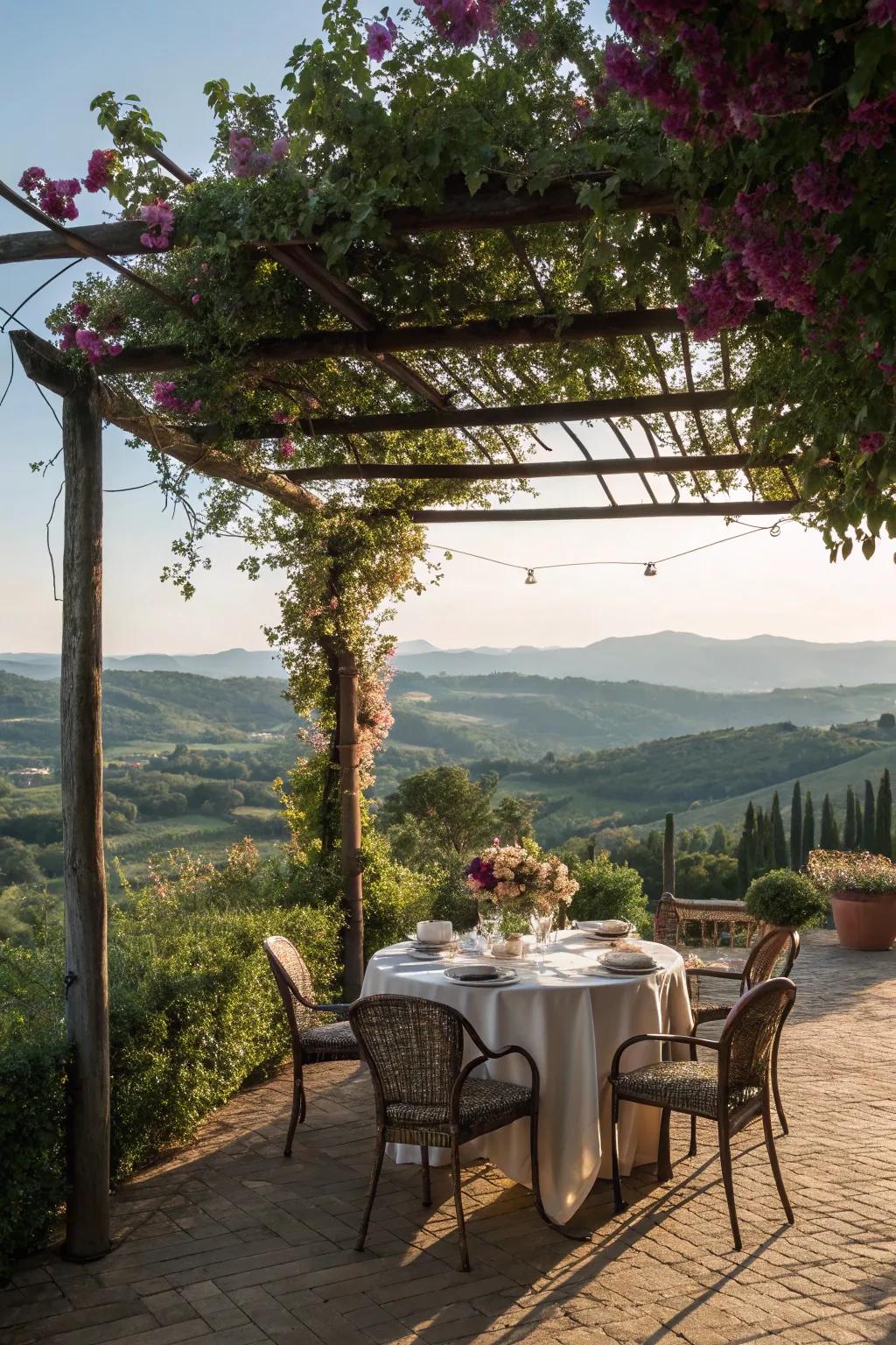 A pergola with a view transforms dining into an experience.