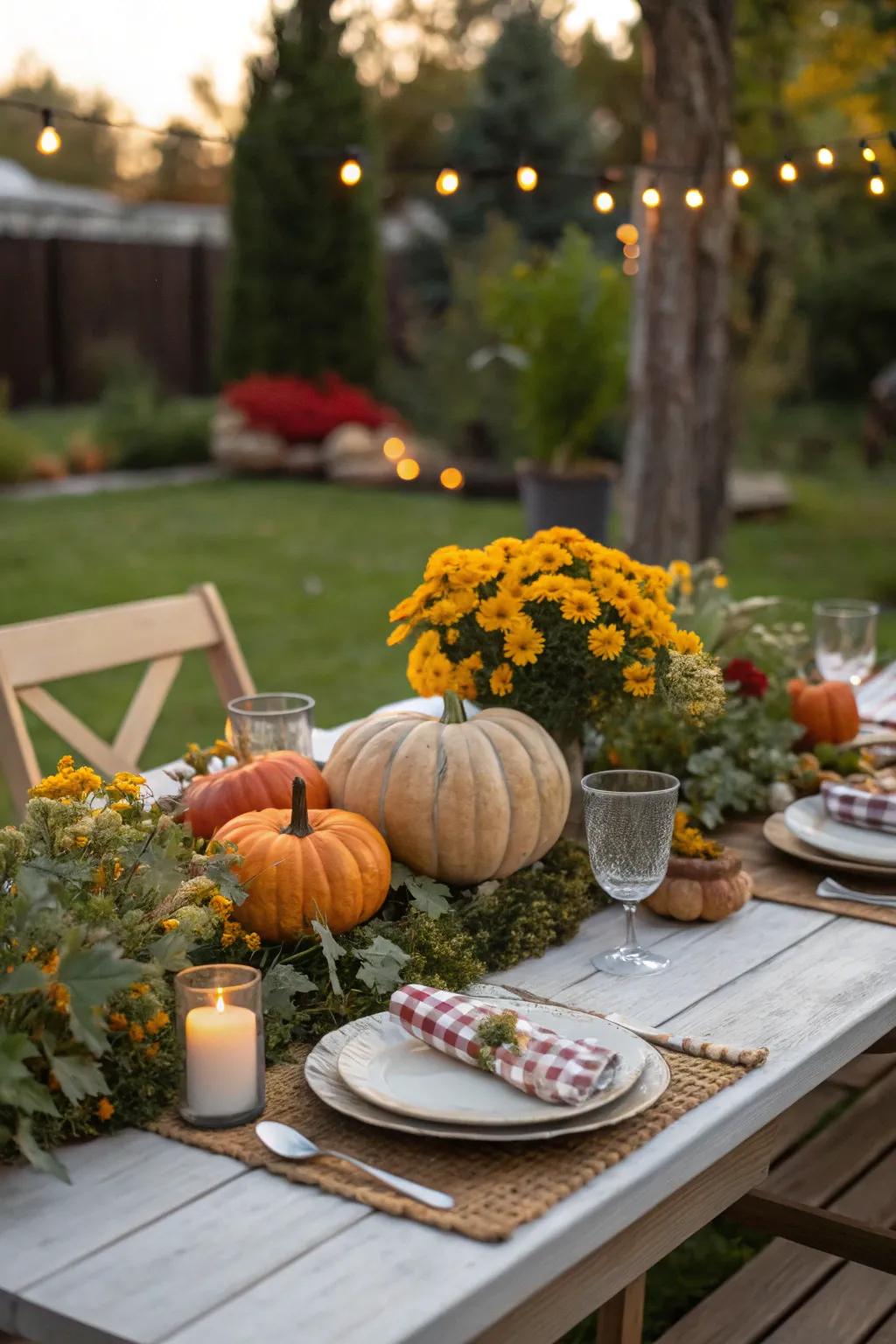 Keep your outdoor dining experience dynamic with seasonal decorations.