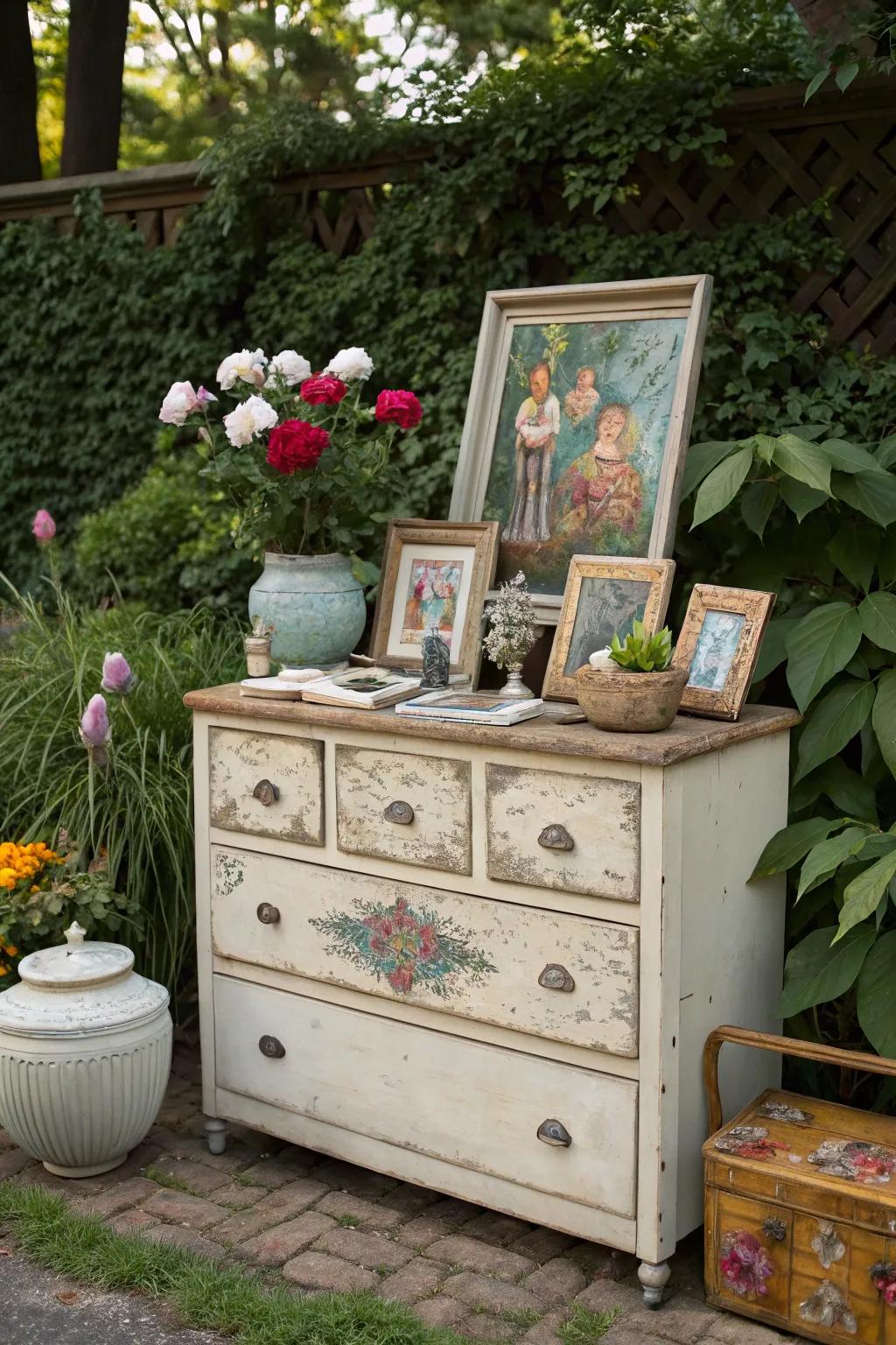 A dresser serving as a gallery for outdoor art pieces.