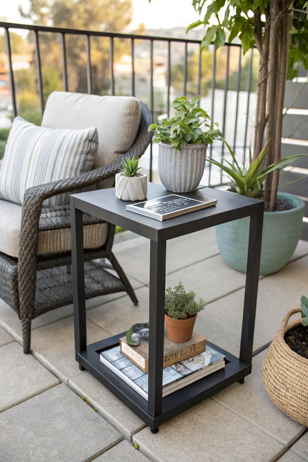 Floating shelves provide sleek, space-saving table options for small patios.