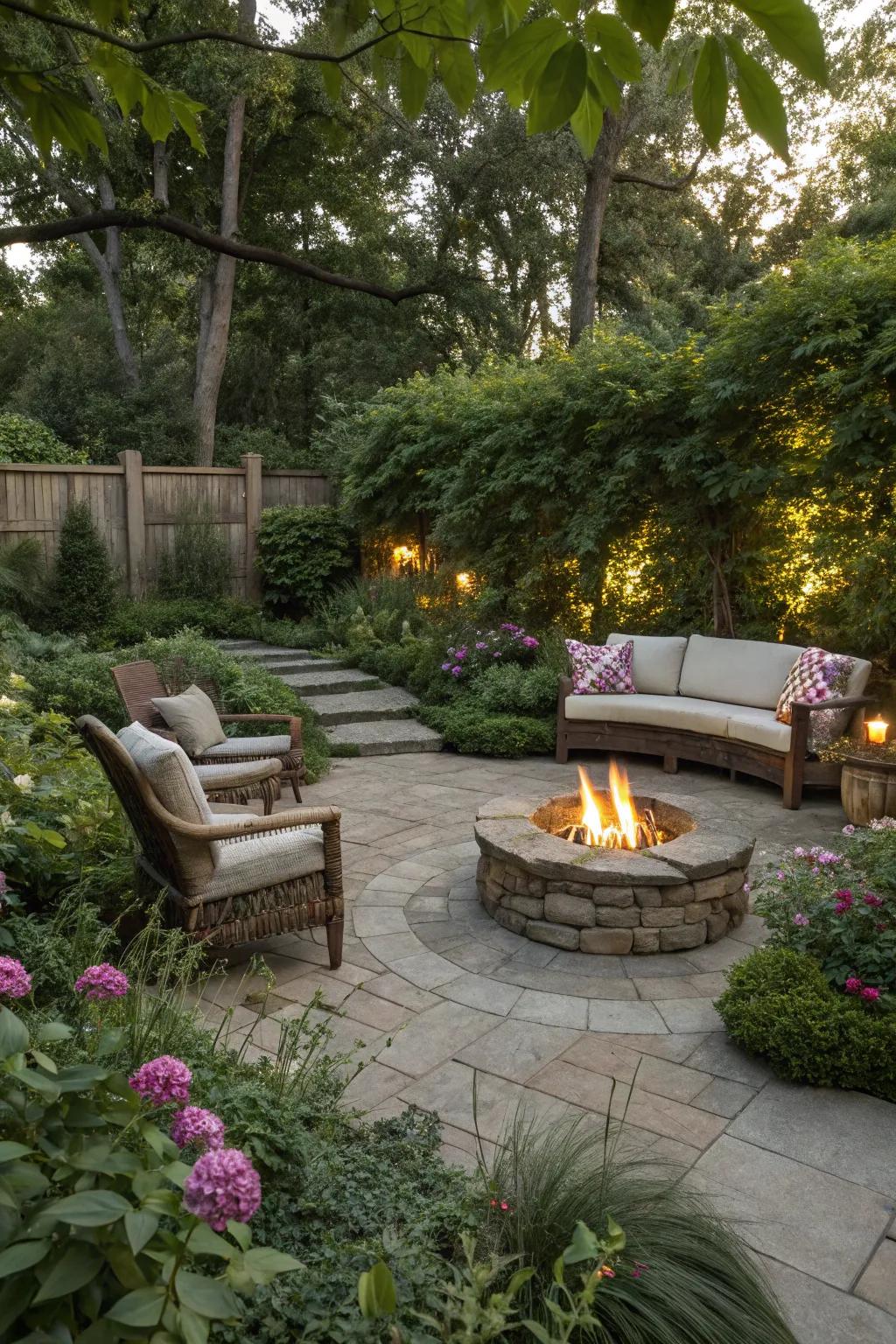 A hidden gem fire pit offers a private and cozy garden retreat.