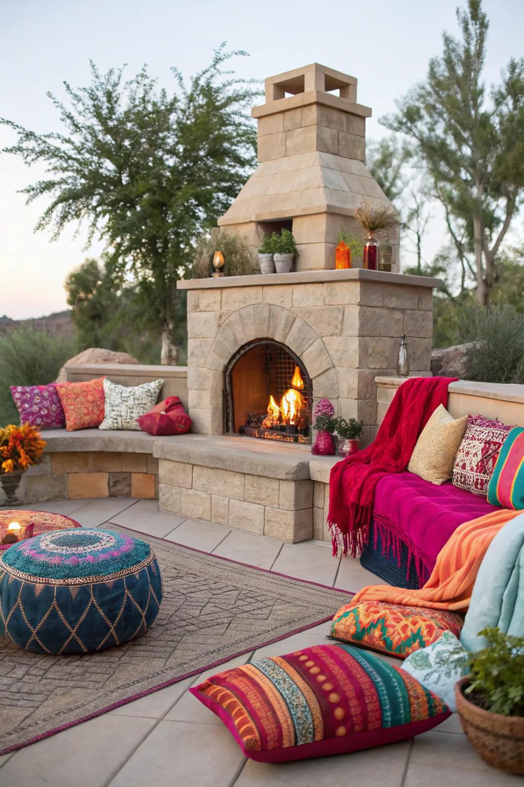 A lively outdoor fireplace area brightened by colorful cushions and throws.