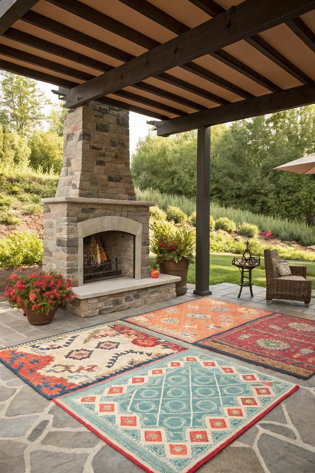 Outdoor rugs enhance comfort and define your pergola area.