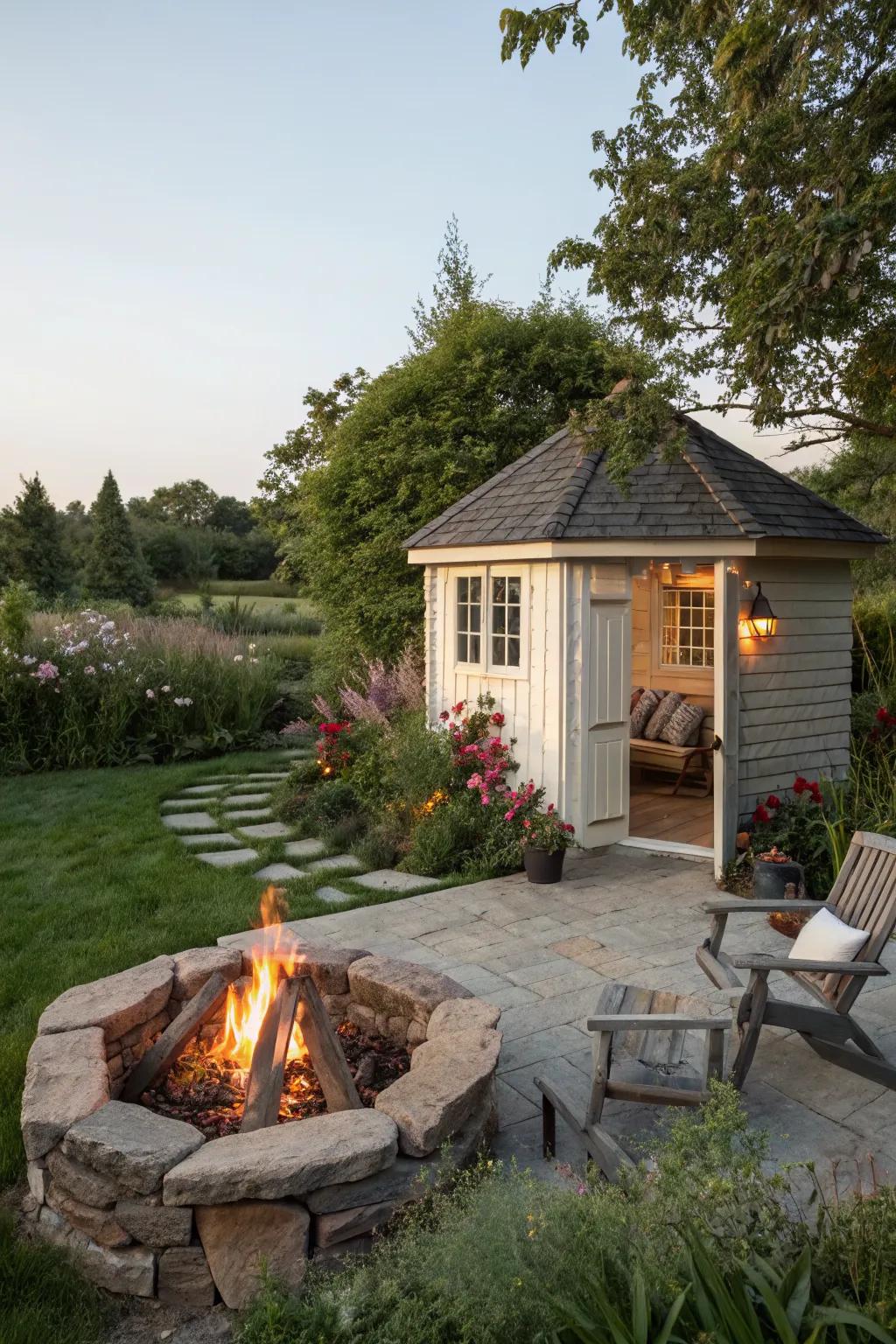 A cozy fort with a fire pit nearby, perfect for family evenings.
